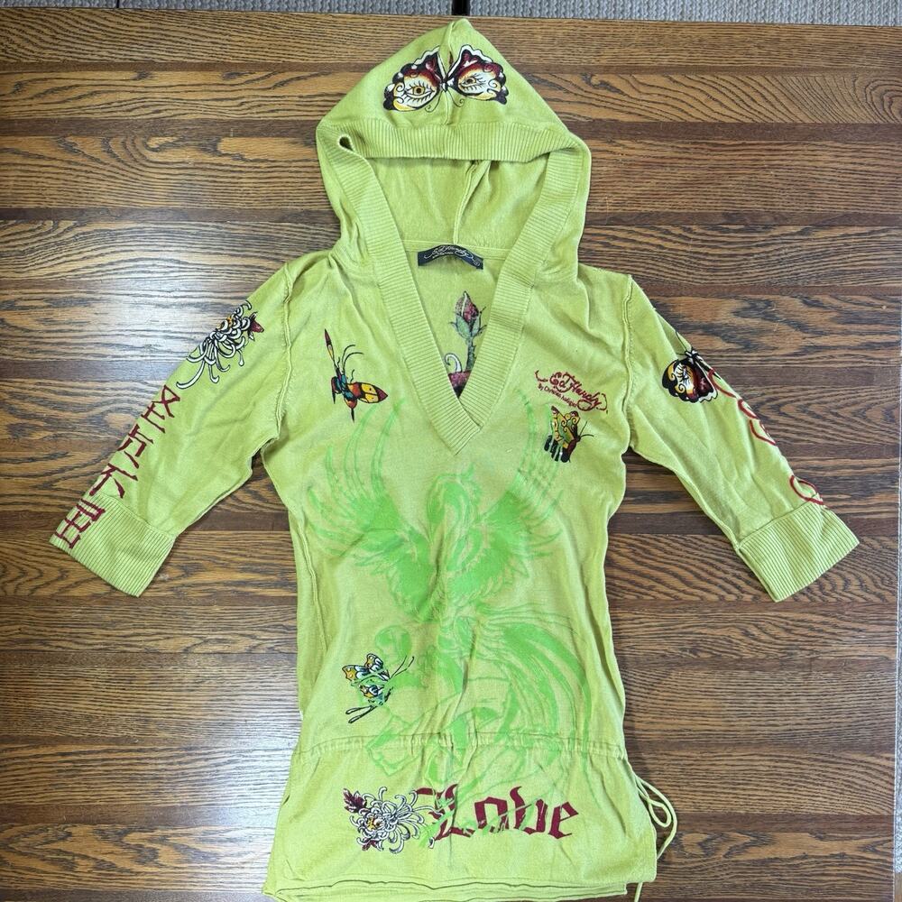 Ed Hardy Green 100% Wool Hooded Cardigan Y2K Vintage Size M Rhinestone Graphics